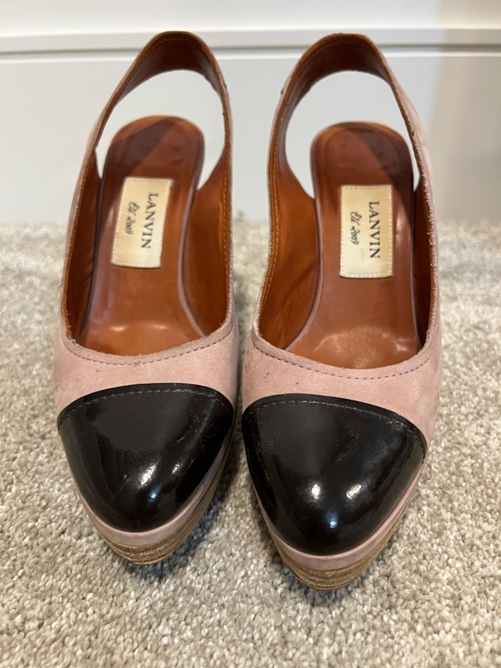 Lanvin Pink Suede and Black Patent Cap-Toe Heels